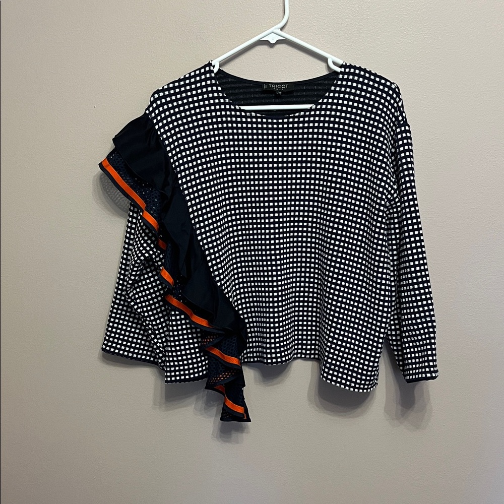 Tricot Chic Navy and White Checkered Blouse with Orange Ruffle